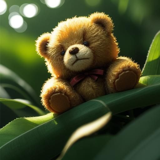 Vibrant Close-Up of a Tiny Teddy Bear on a Leaf