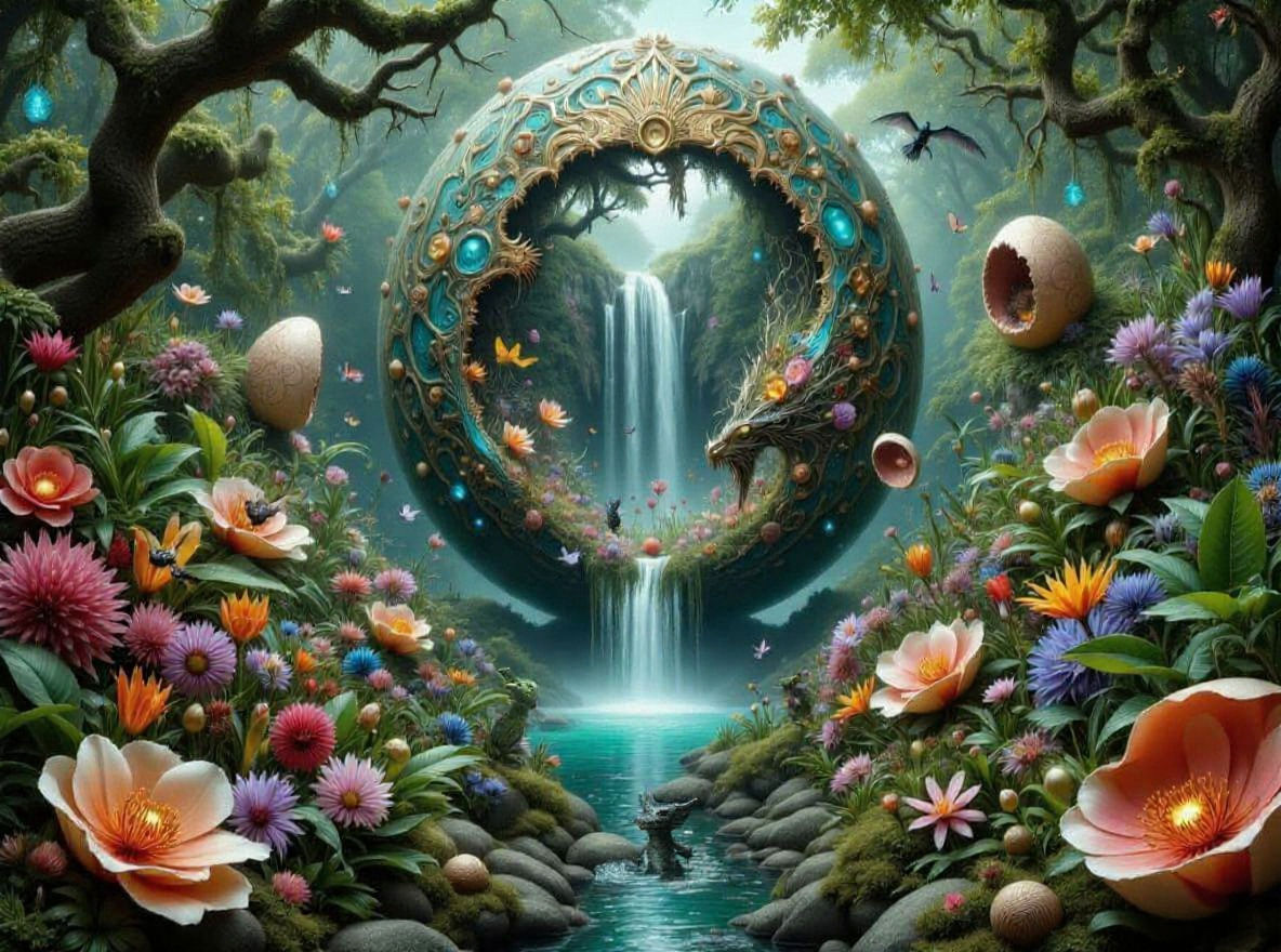 Lush Dragon Egg Garden with Mythical Aura