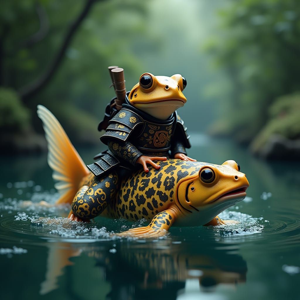 Samurai Frog Rides Koi Fish in Japanese Landscape