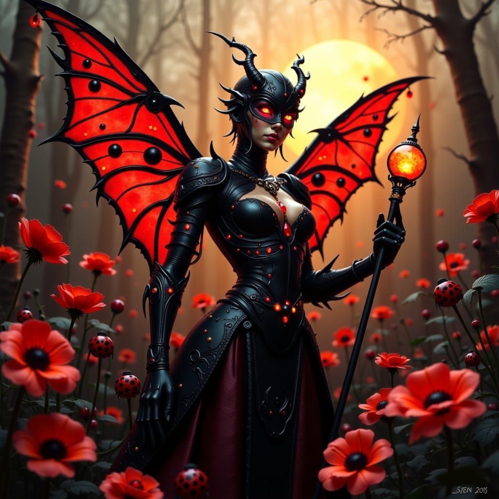 Ladybug Queen in Metallic Armor with Filigree Wings