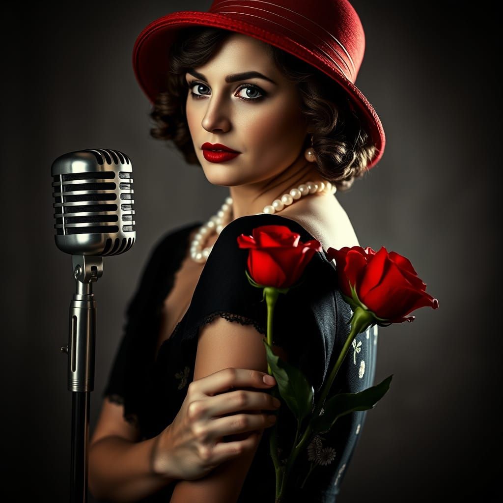 Vintage Chanteuse in Elegant Black Evening Gown