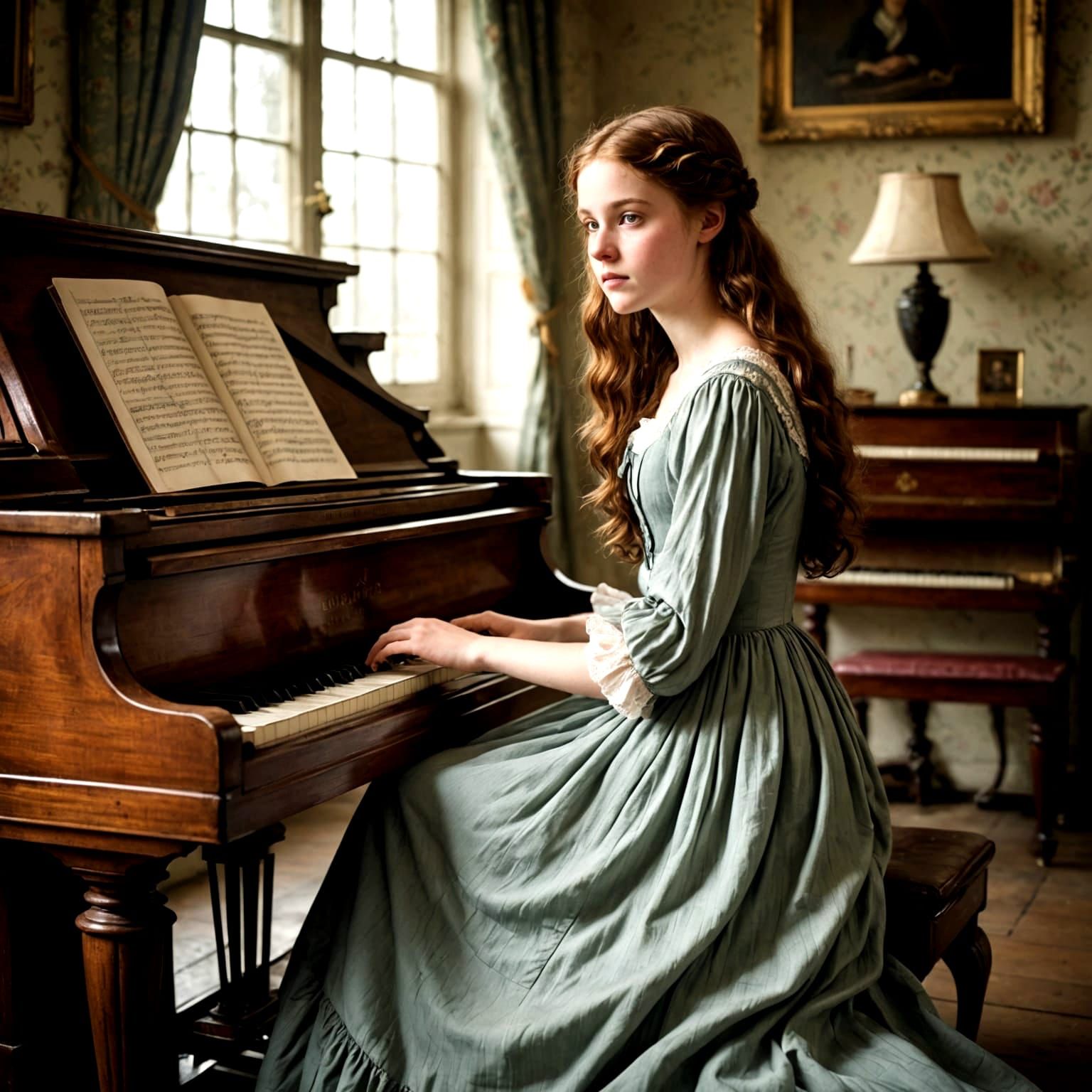 Regency Era Girl Plays Piano in Golden Light