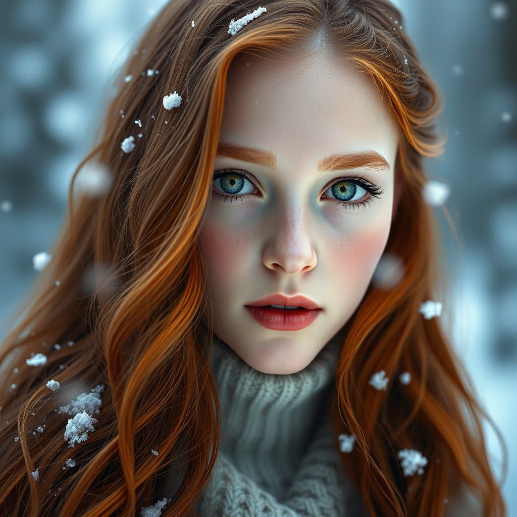 Glowing Red Hair Girl in Hyperdetailed Snowy Portrait