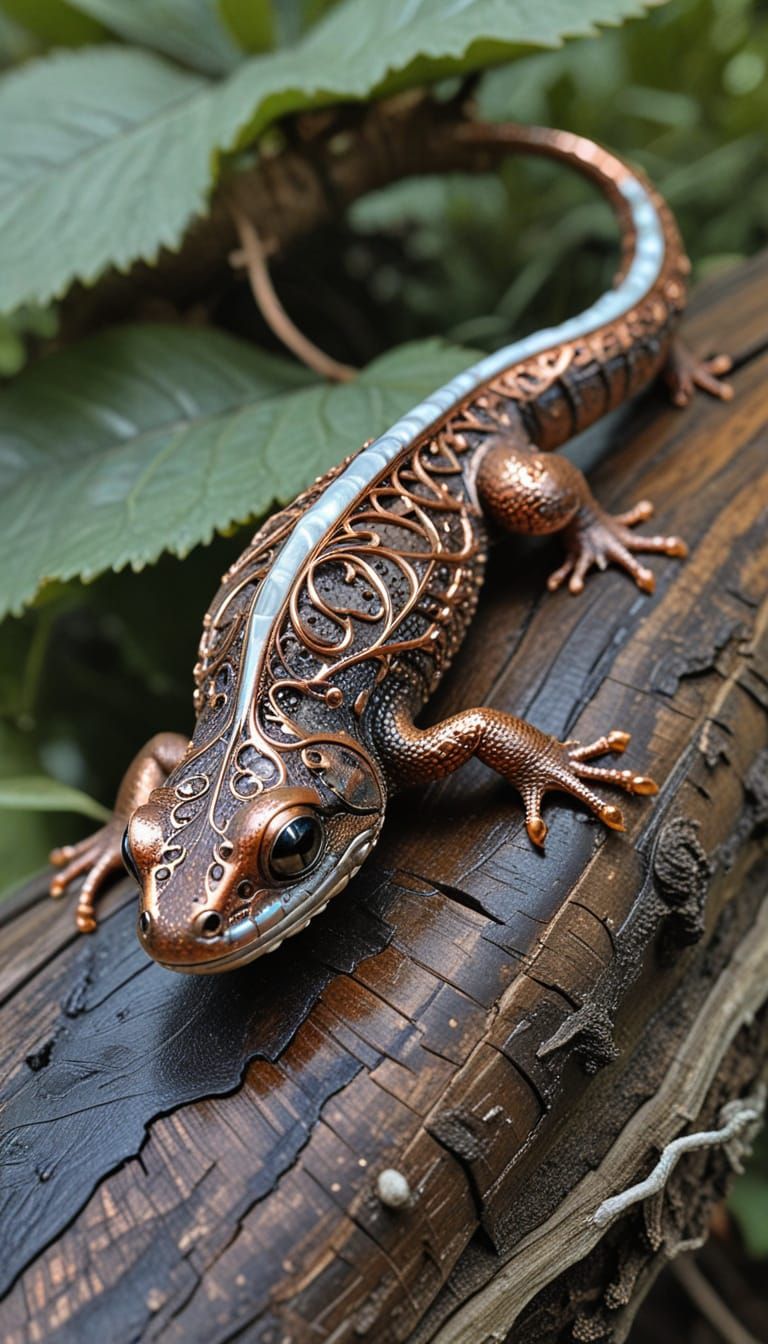 Newt with Copper Patina and Rose Gold Filigree