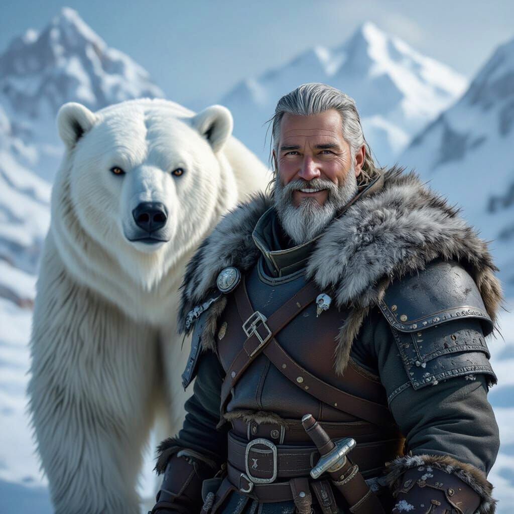 Norwegian Winter Warrior and White Bear in Matte Painting St...