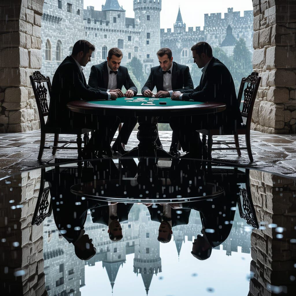 Poker Table Reflection with Skeletons and Castle