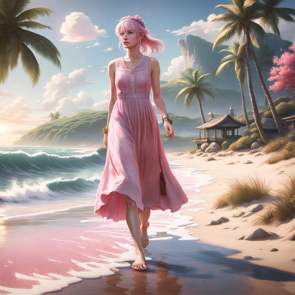 Usagi Tsukino (barefoot) wearing ( pink sundress) walking along a beach. surf sun