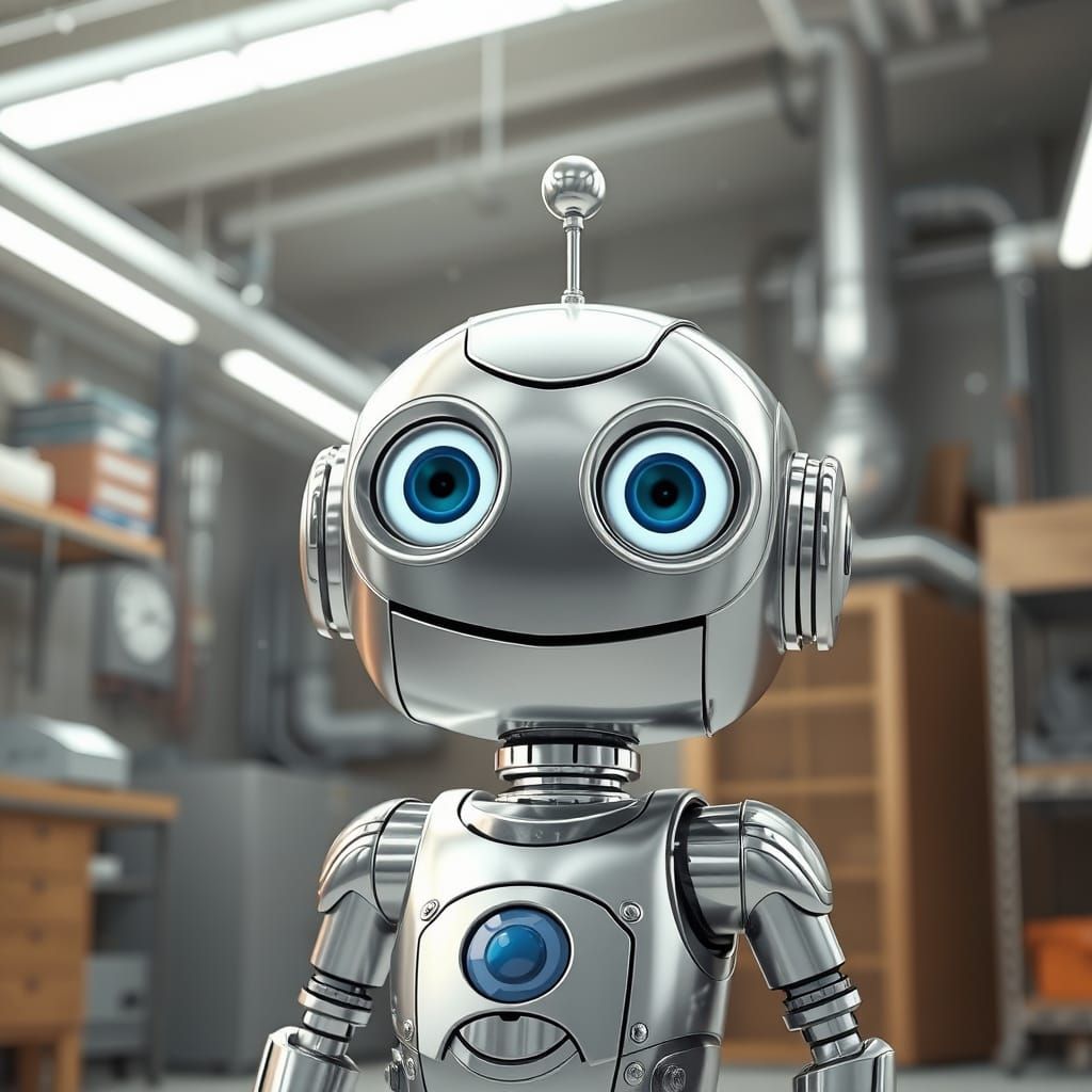 Friendly Chrome Robot in Futuristic Workshop
