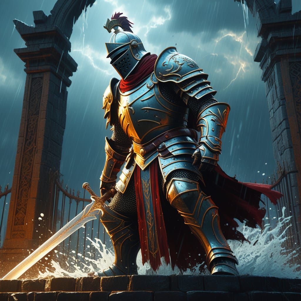 Knight at Lost Kingdom Gates with Glowing Sword