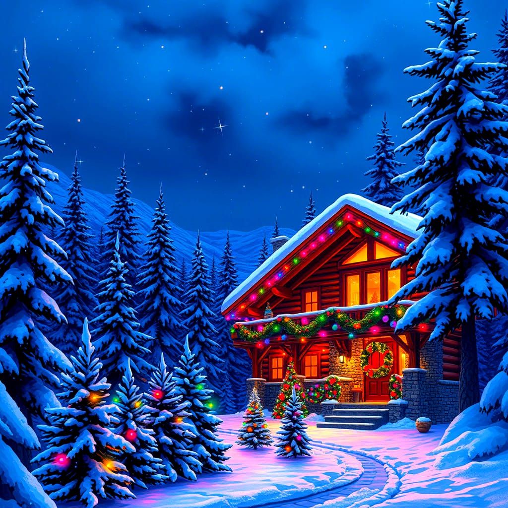 Snowy Mountain Home in Synthwave Neon Style