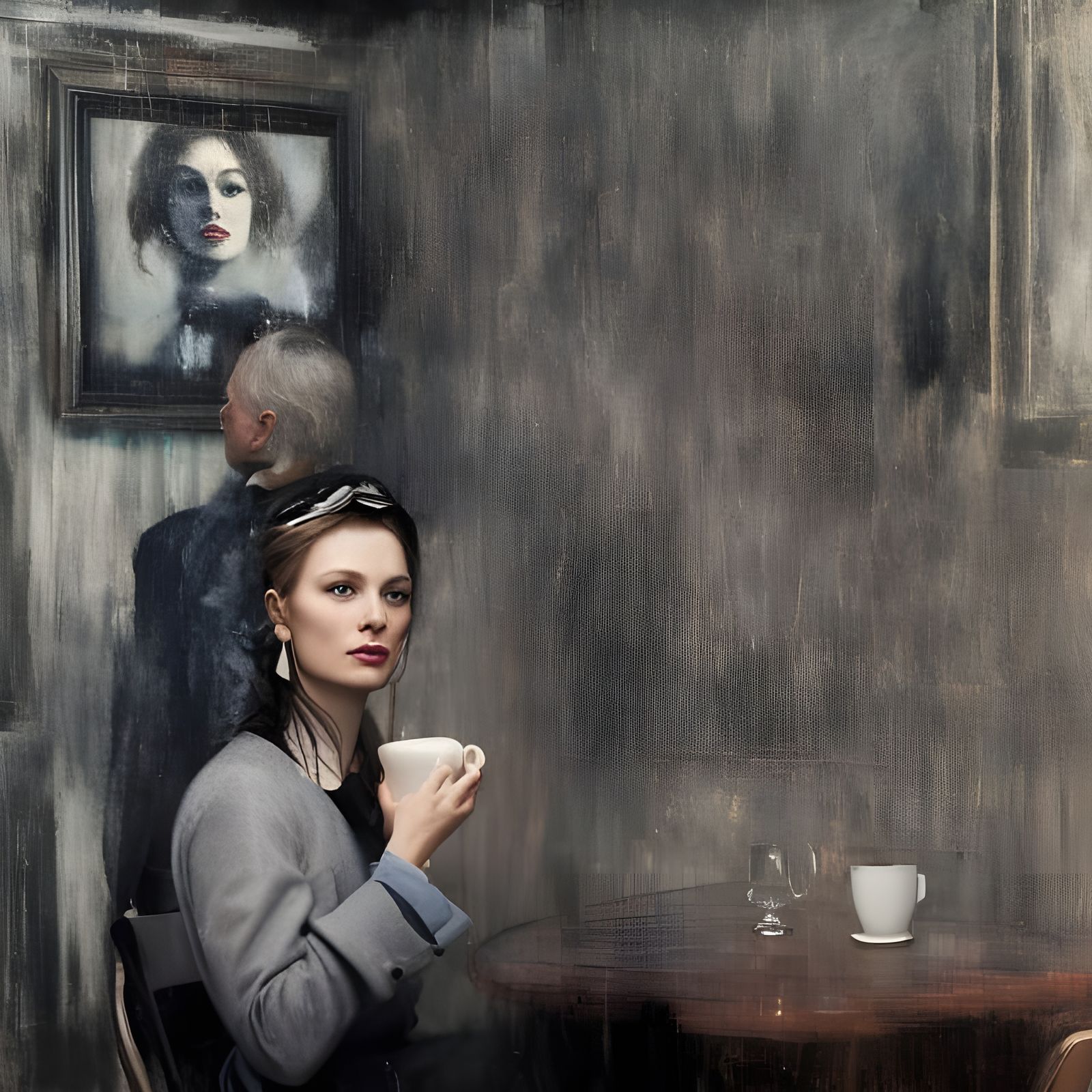 Beautiful Woman Having Tea in Cafe: Photorealistic Portrait