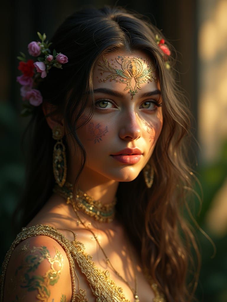 Woman with Tribal Face Paint in Temple