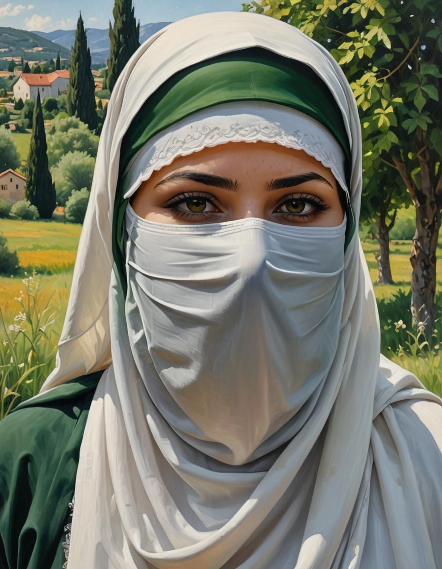 European Woman in Niqab as Oil Painting