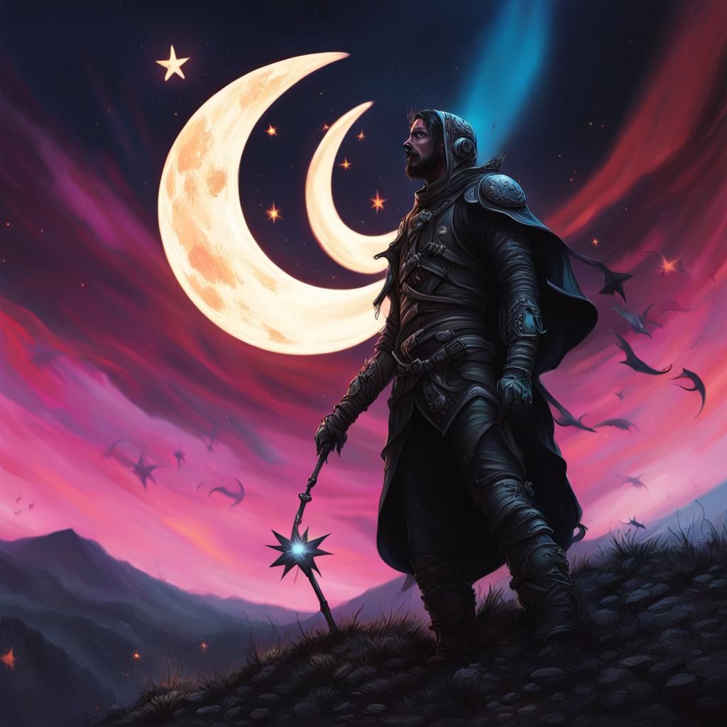 Star-Filled Figures Under Crescent Moons at Night