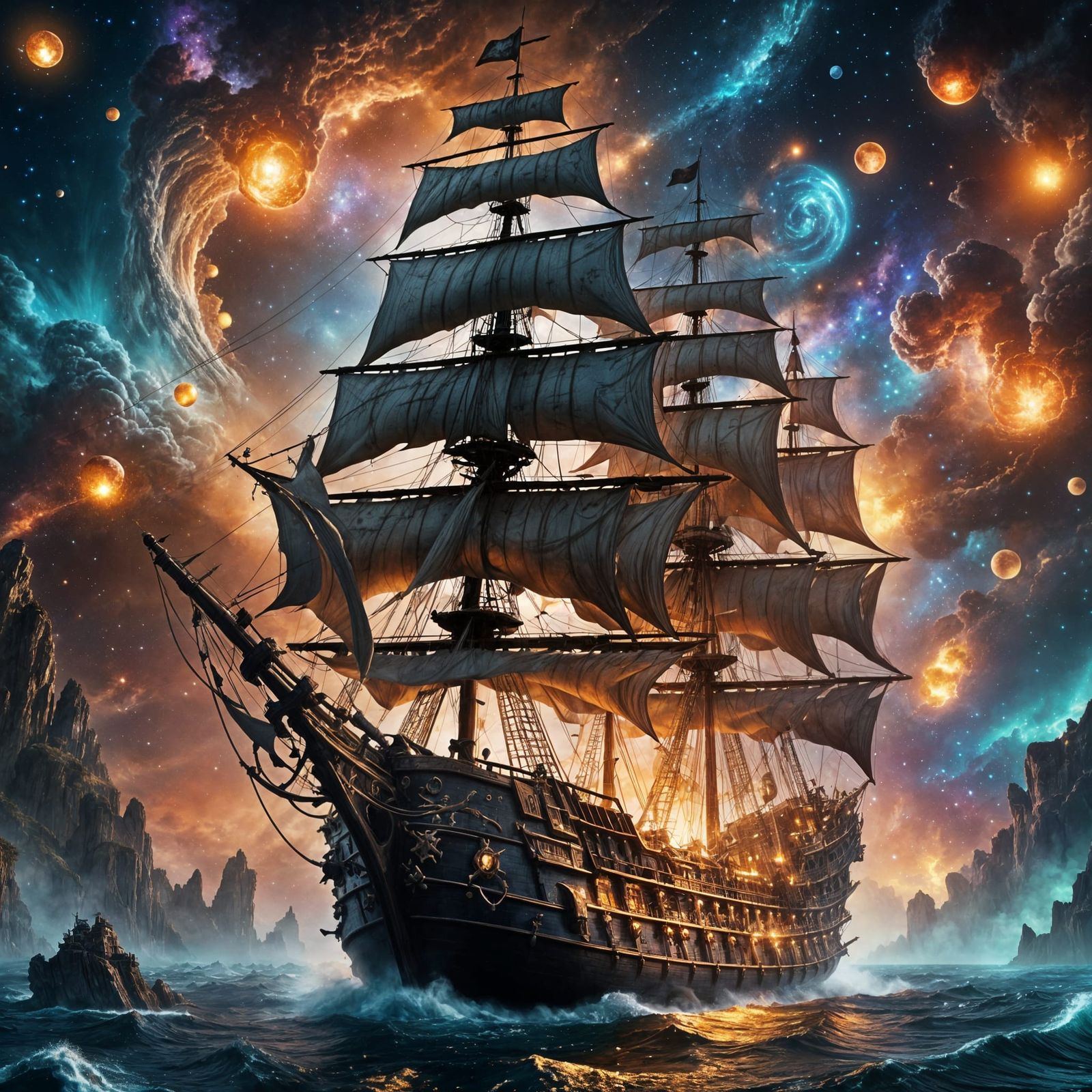 Pirate ship floating in outer space with sparkling stars and...