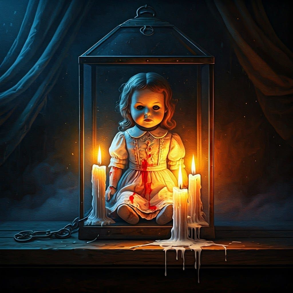 Haunted Doll in Glass Case: Oil Painting