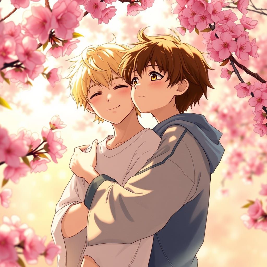 Tender Moment in a Cherry Blossom Garden in Delicate Anime S...