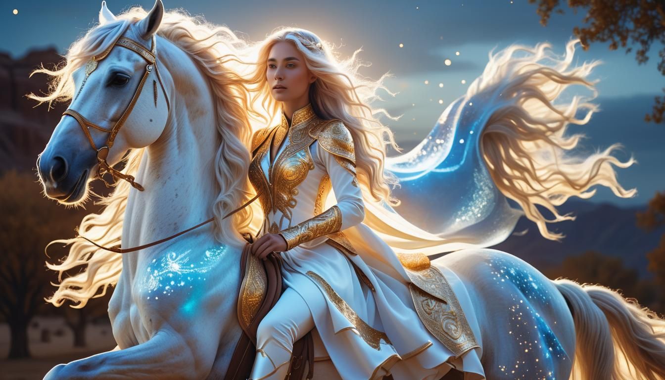 Celestial Woman on White Horse in Hyper-Realistic 8K