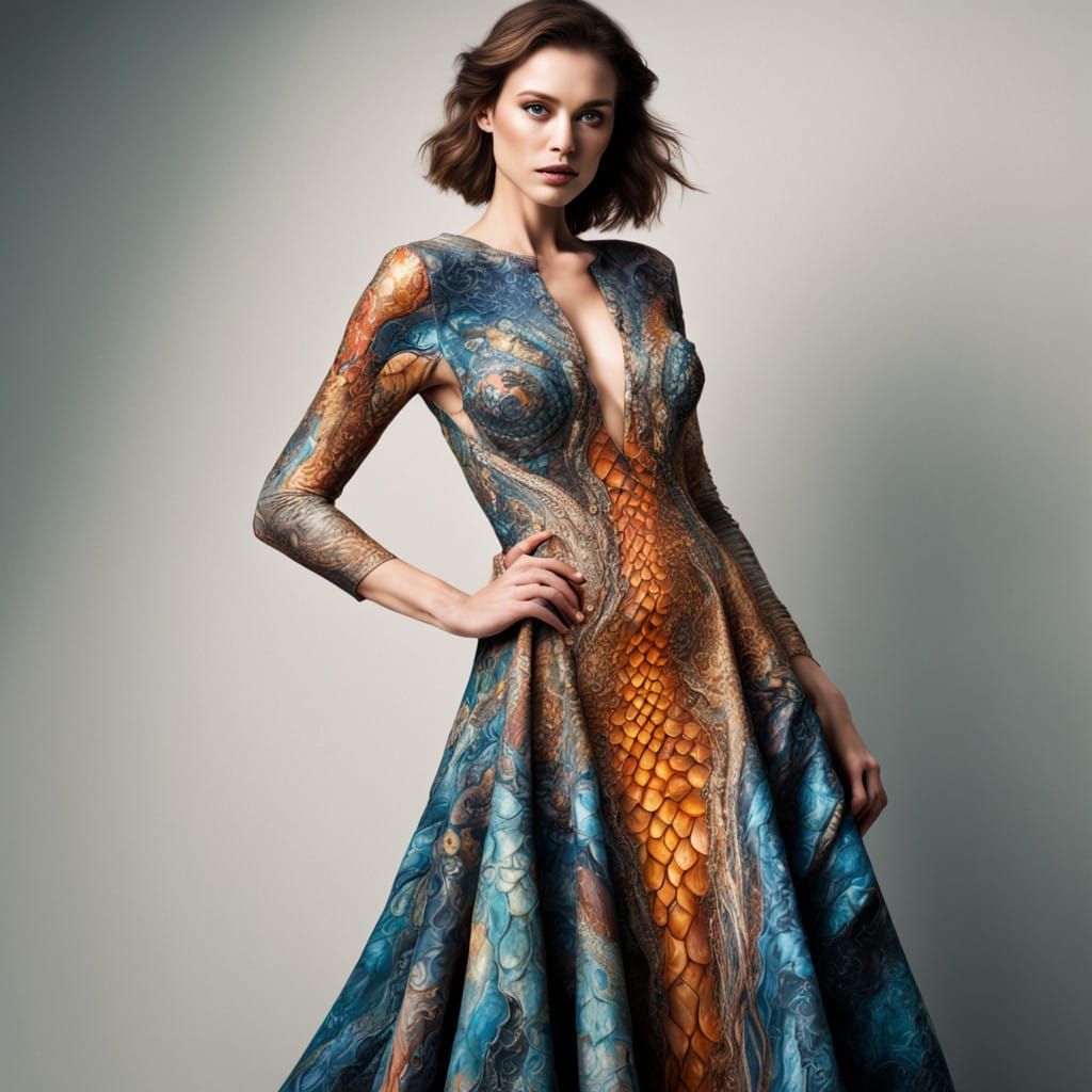 Surreal Hyper Realistic Portrait of a Gown with Serpentine P...