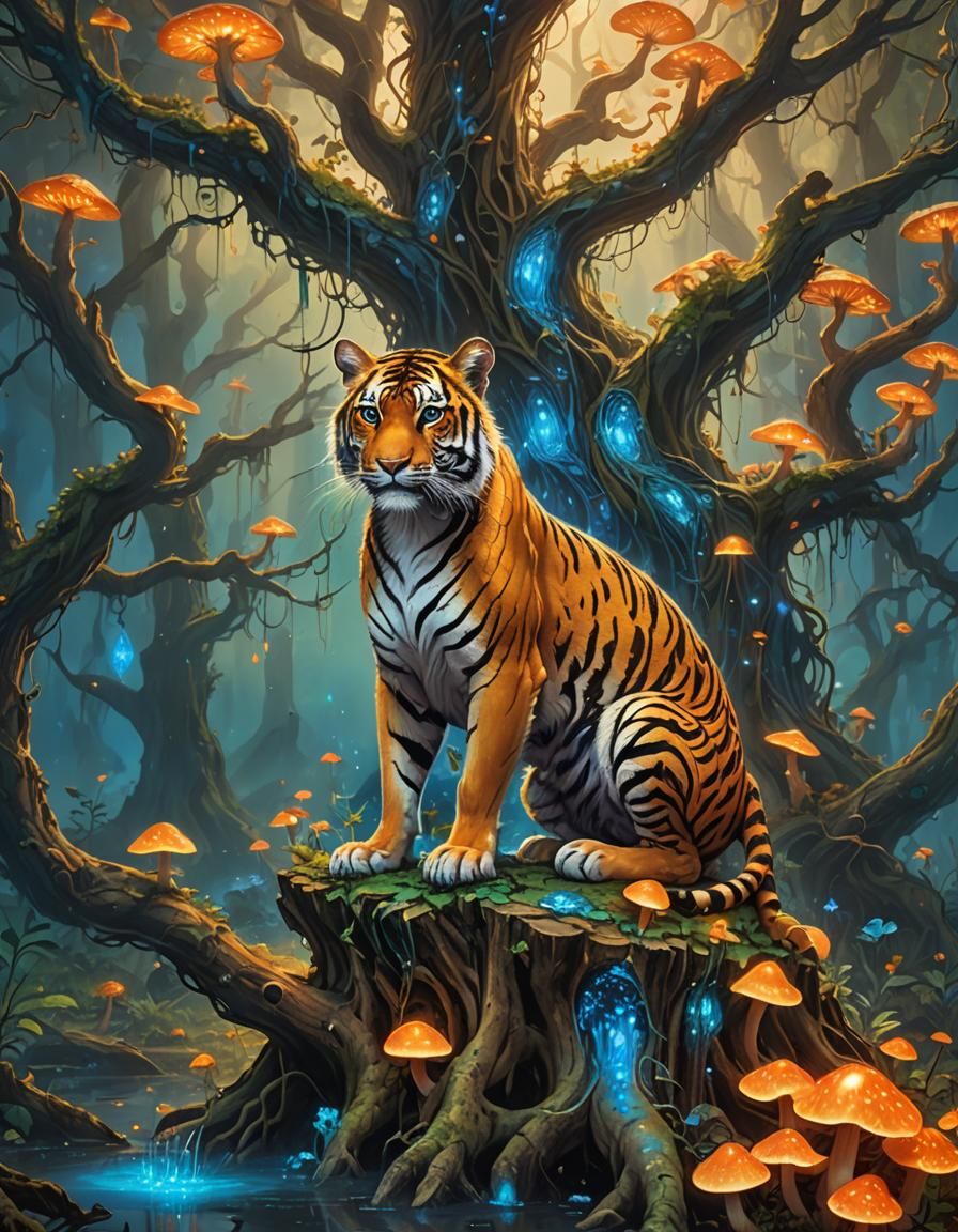 Vibrant Tigress Goddess in Mystical Forest