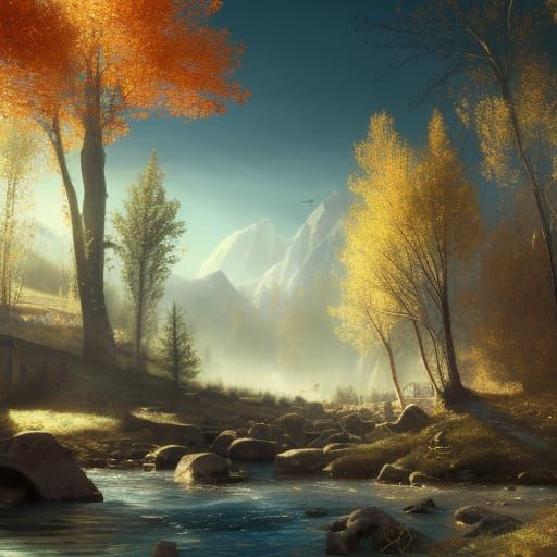 Medieval Village in Spring Sunlight: Fantasy Concept Art