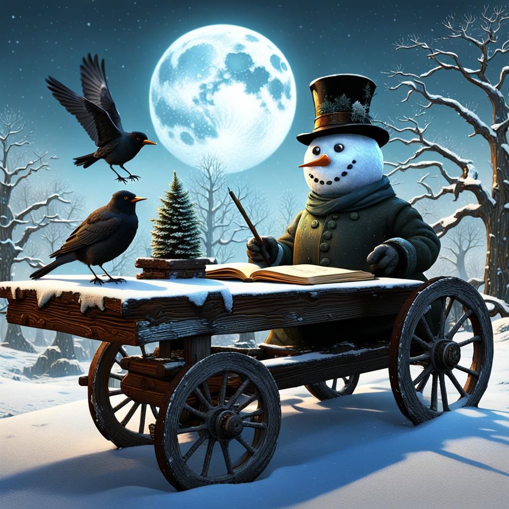 Snowman Scribe Watched by Blackbird: Digital Fantasy Art