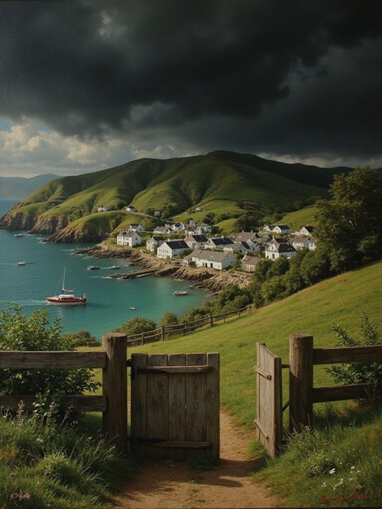Dramatic Coastal Town in Harbour Under Stormy Skies