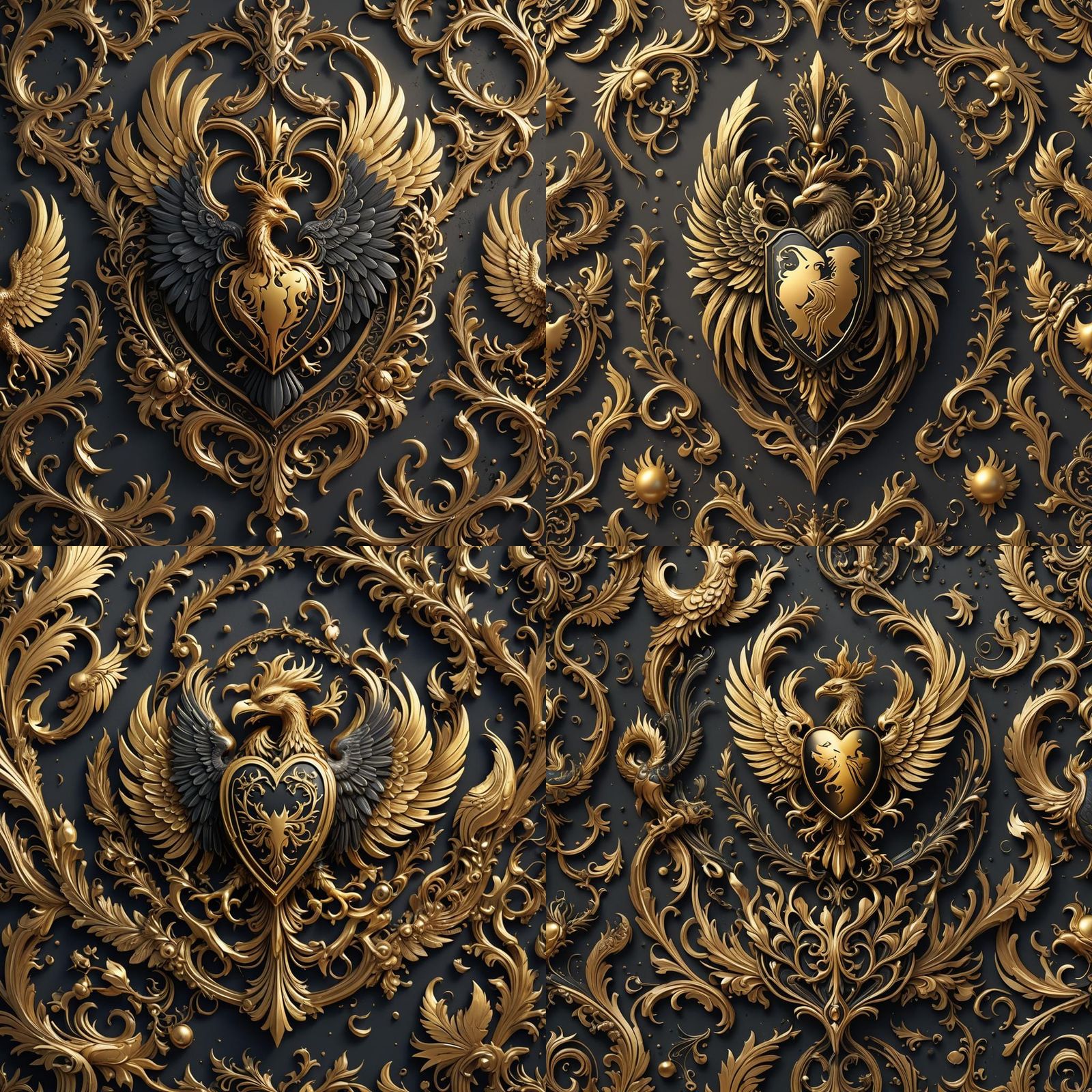 Gold and Black Phoenix Heart Family Crest Art