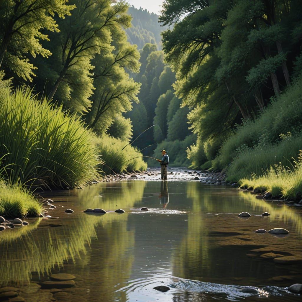 Angler in the stream fly fishing serene riverside scene