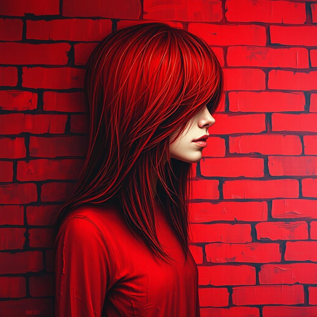 Girl Dissolving into Red Brick Wall Oil Painting