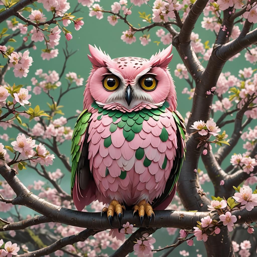 Pink and Green Anime Owl on Cherry Blossom Tree