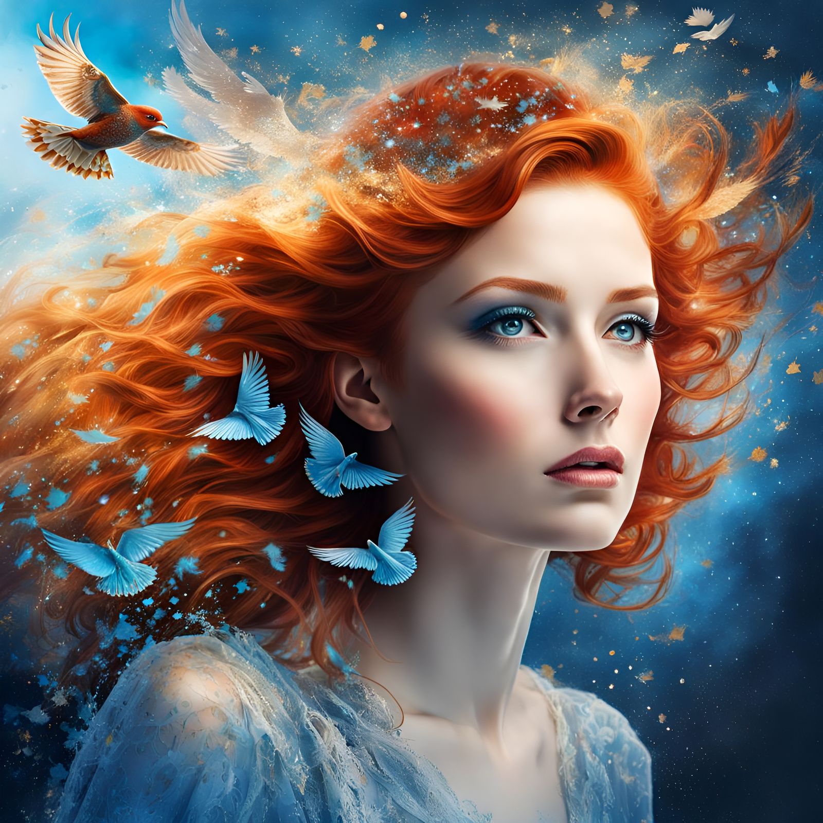 Double Exposure Art: Woman and Falcons in Graffiti Style