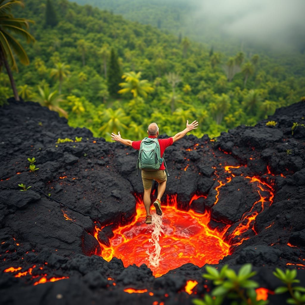 Hiker's Leap: Volcano Dive in National Geographic Style