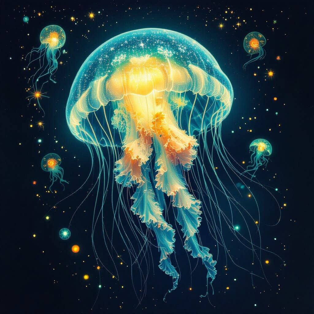 Bioluminescent Jellyfish in Deep Sea, Surreal Style