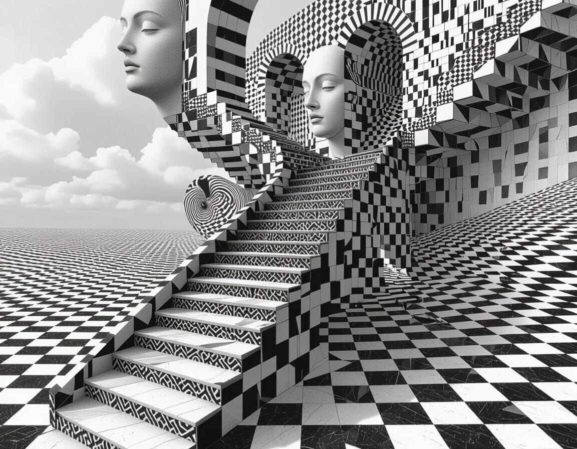 Surreal Staircase in Escher-Inspired Landscape