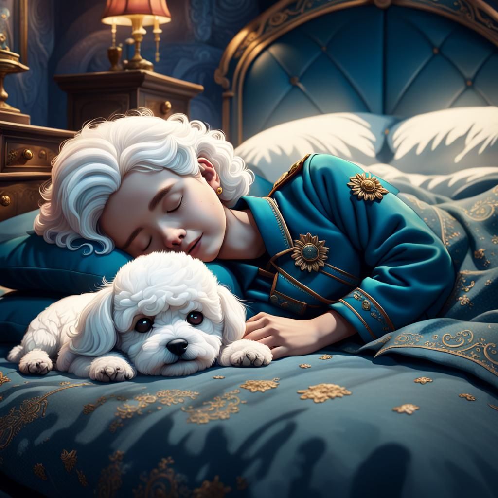 Bichon Frise Sleeps Peacefully in Detailed Fantasy Art
