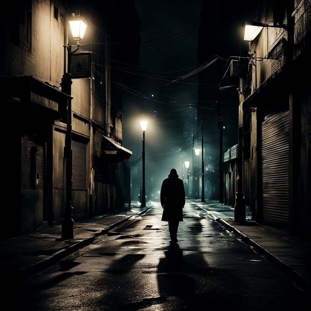 Ominous Night Walk in Dark Surrealism Style