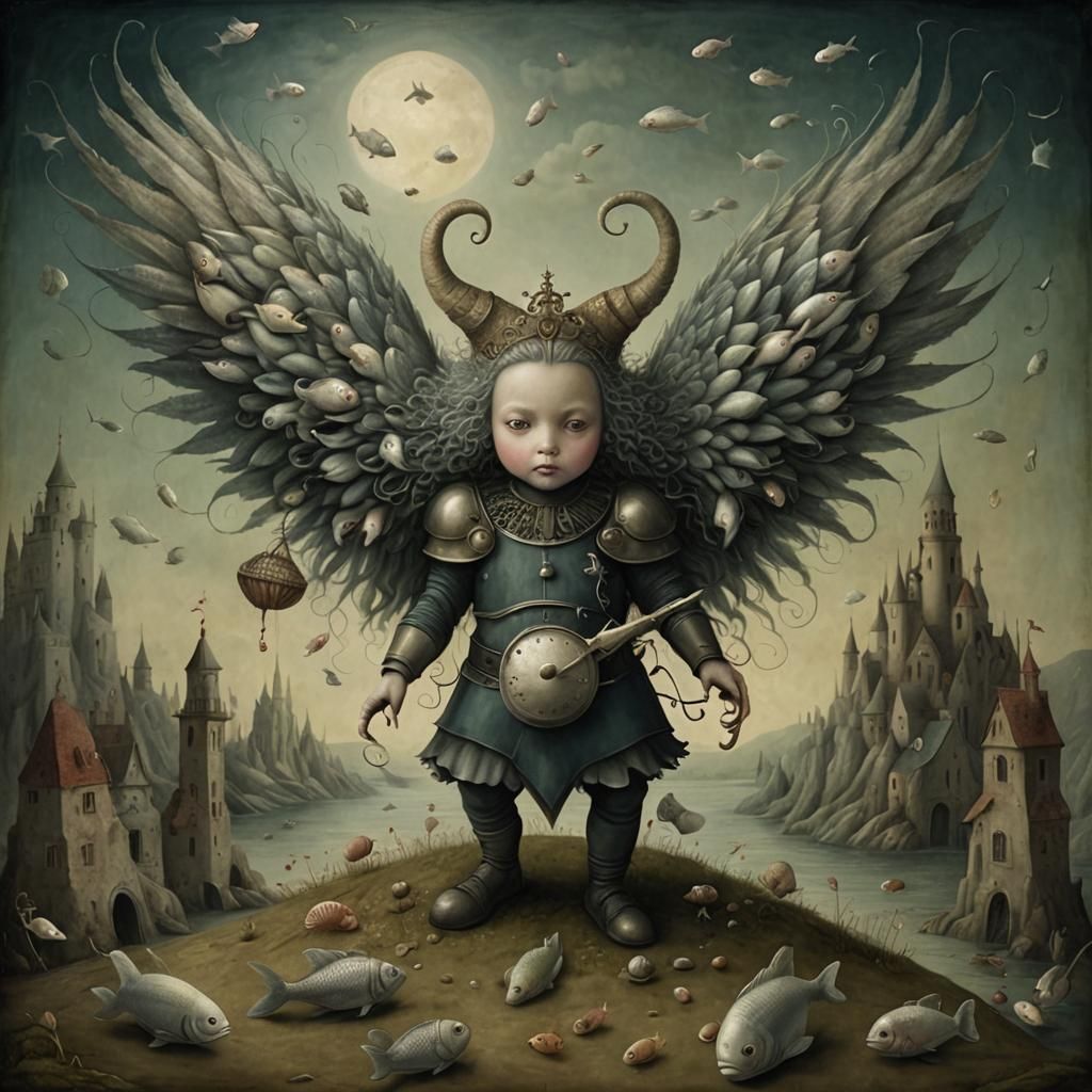 Surreal Dada Scene of Human Fish hybrids Working on Ambulanc...