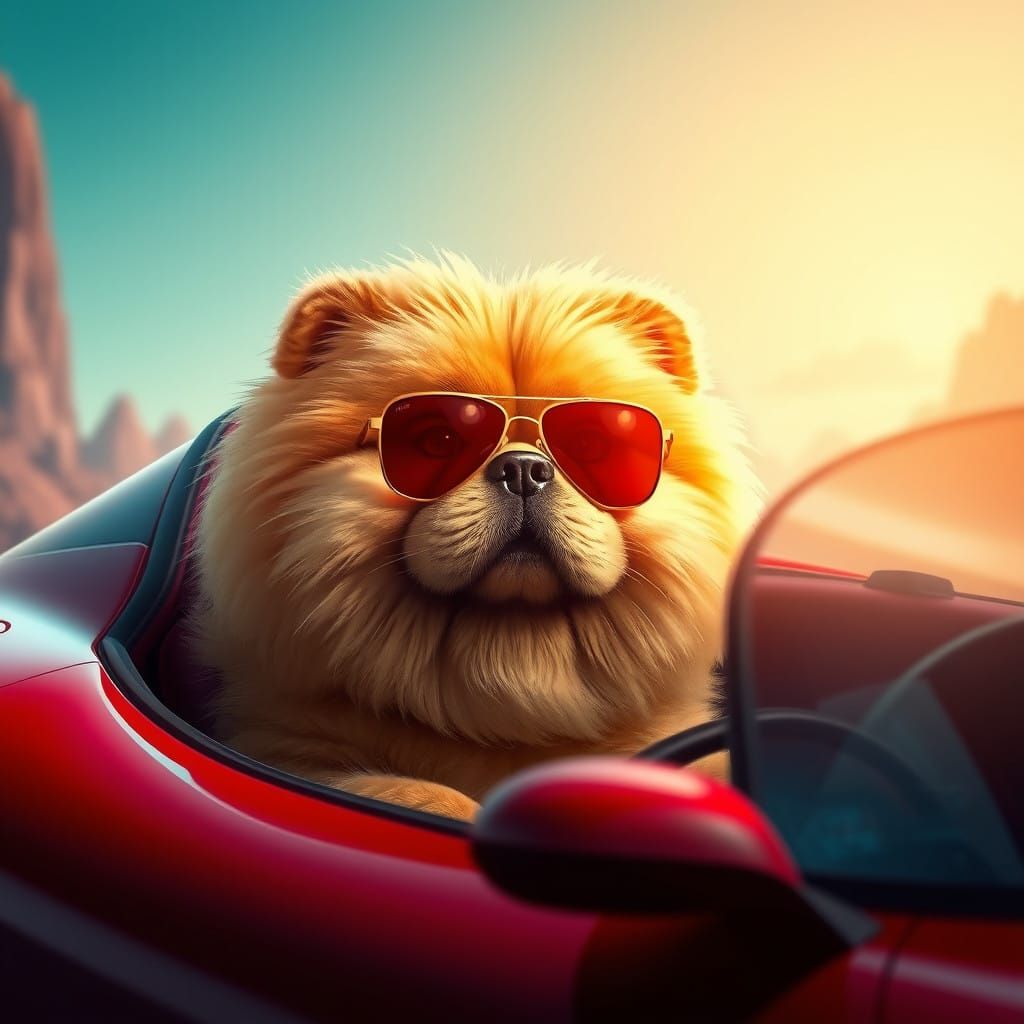 Chow Chow in Cherry-Red Ferrari with Trendy Sunglasses
