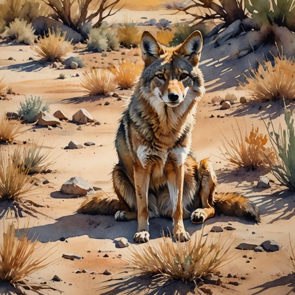 Watercolor Coyote Portrait in Desert Landscape