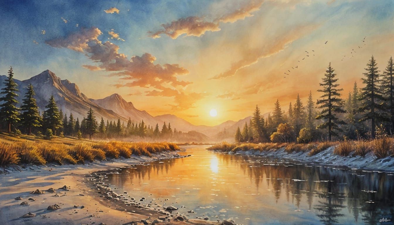 Dreamlike Watercolor Beach: Golden Memories