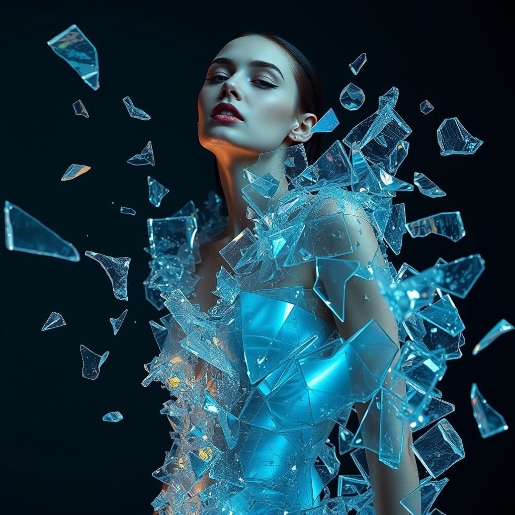 Ethereal Fashion Portrait: Levitating Iridescent Glass Shard...