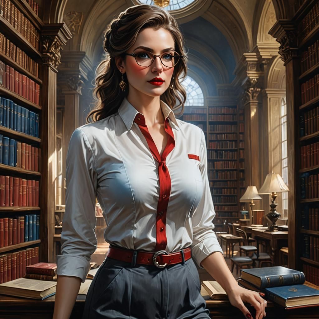 Portrait of Librarian in Library, Fantasy Art Style