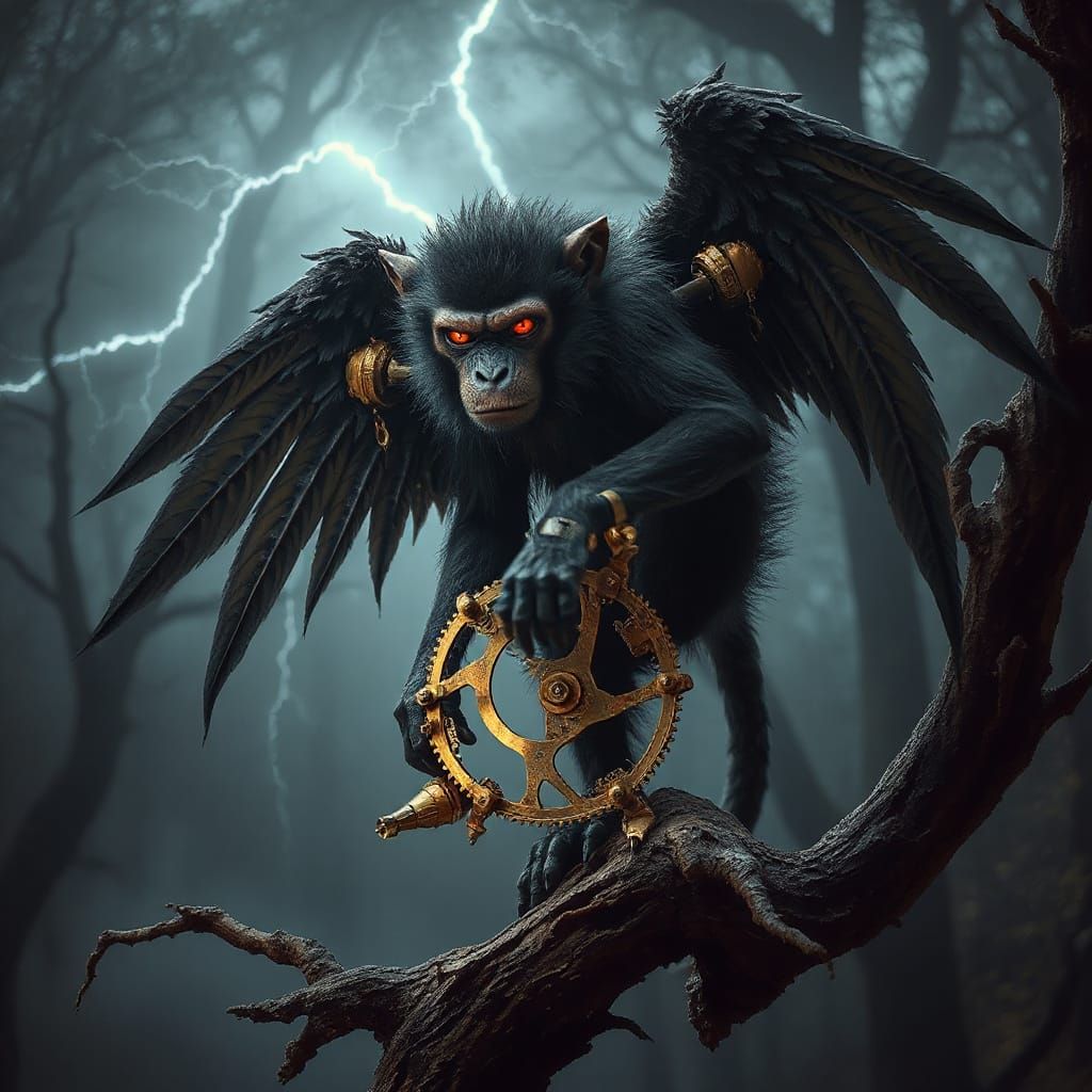 Steampunk Winged Monkey in Dark Fantasy Forest