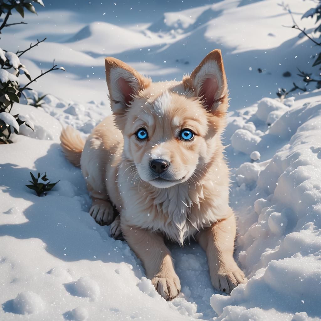 Blue-Eyed Puppy in Snow: 3D Anime Art