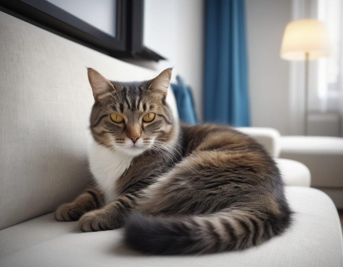 Realistic Photograph of Cat Sleeping on Warm Sofa