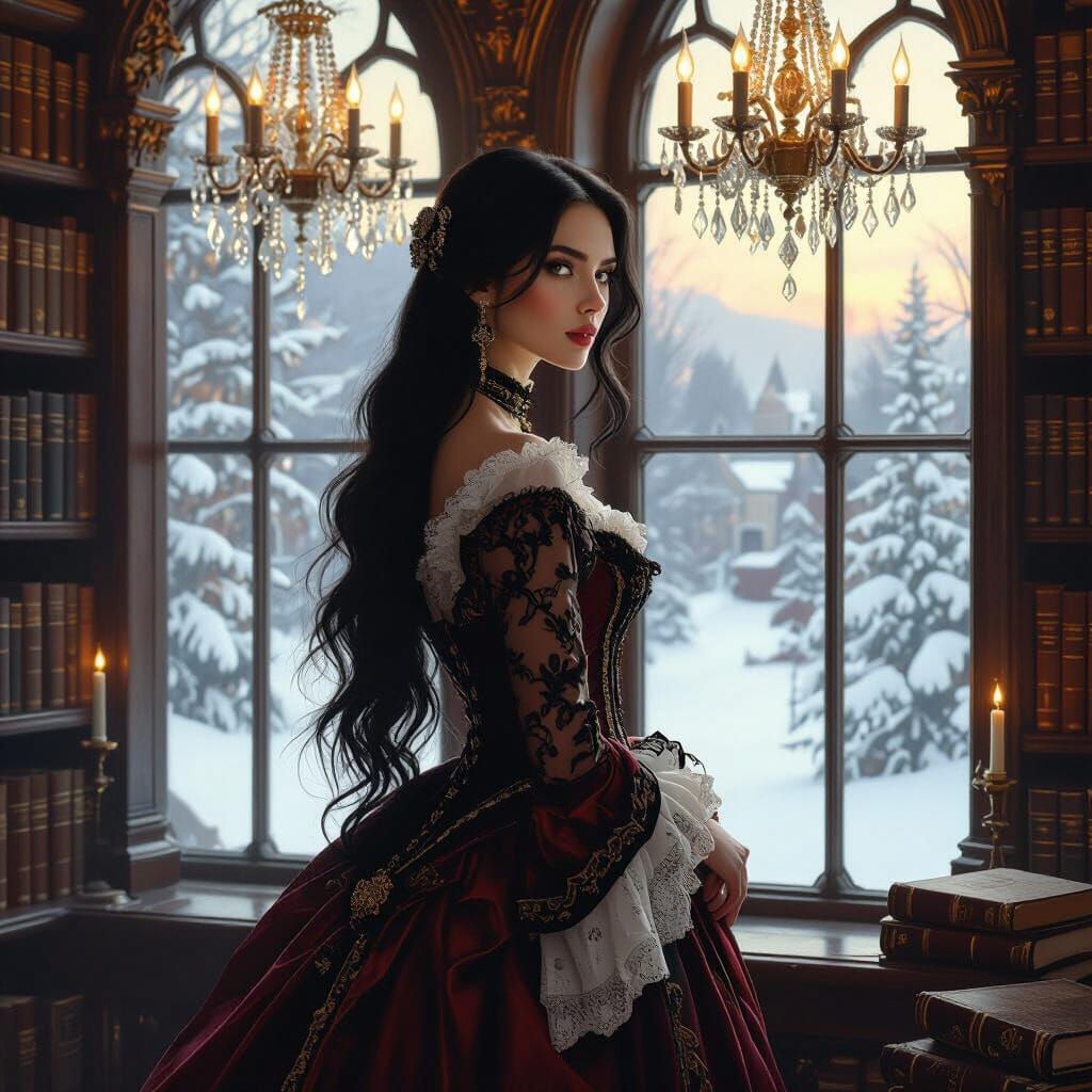 Victorian Woman in Library Gazing at Snow, Pre-Raphaelite St...