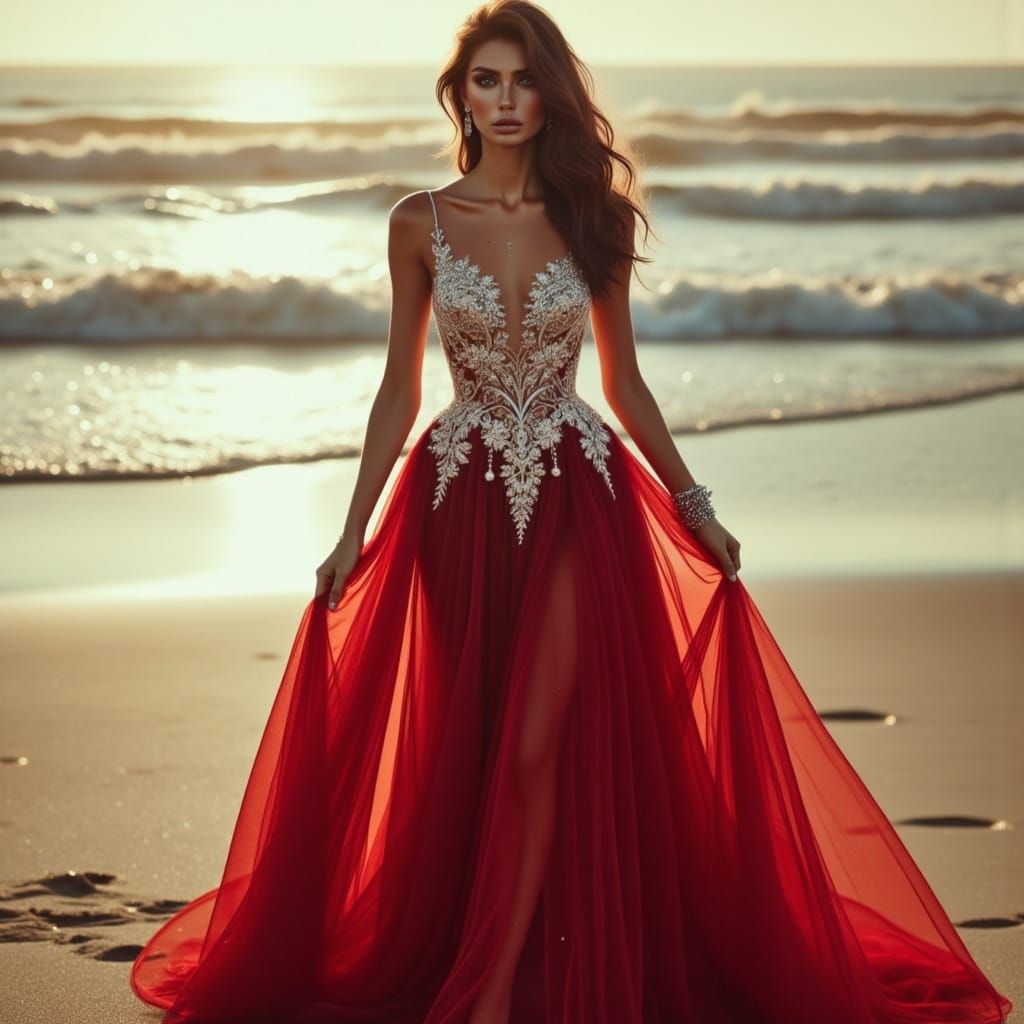 Glamorous Red Gown on a Moody Beach at Sunset