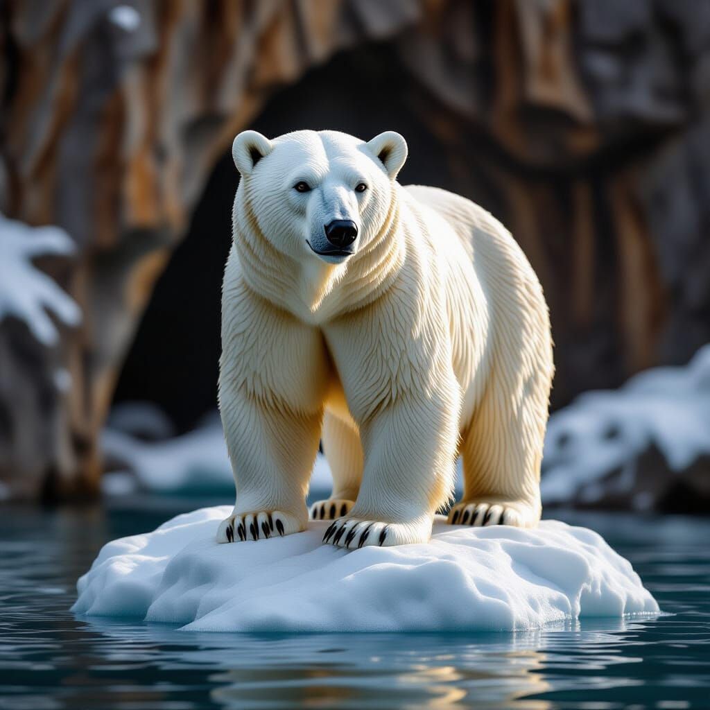 Polar Bear Sculpture on Iceberg in Natural Wood