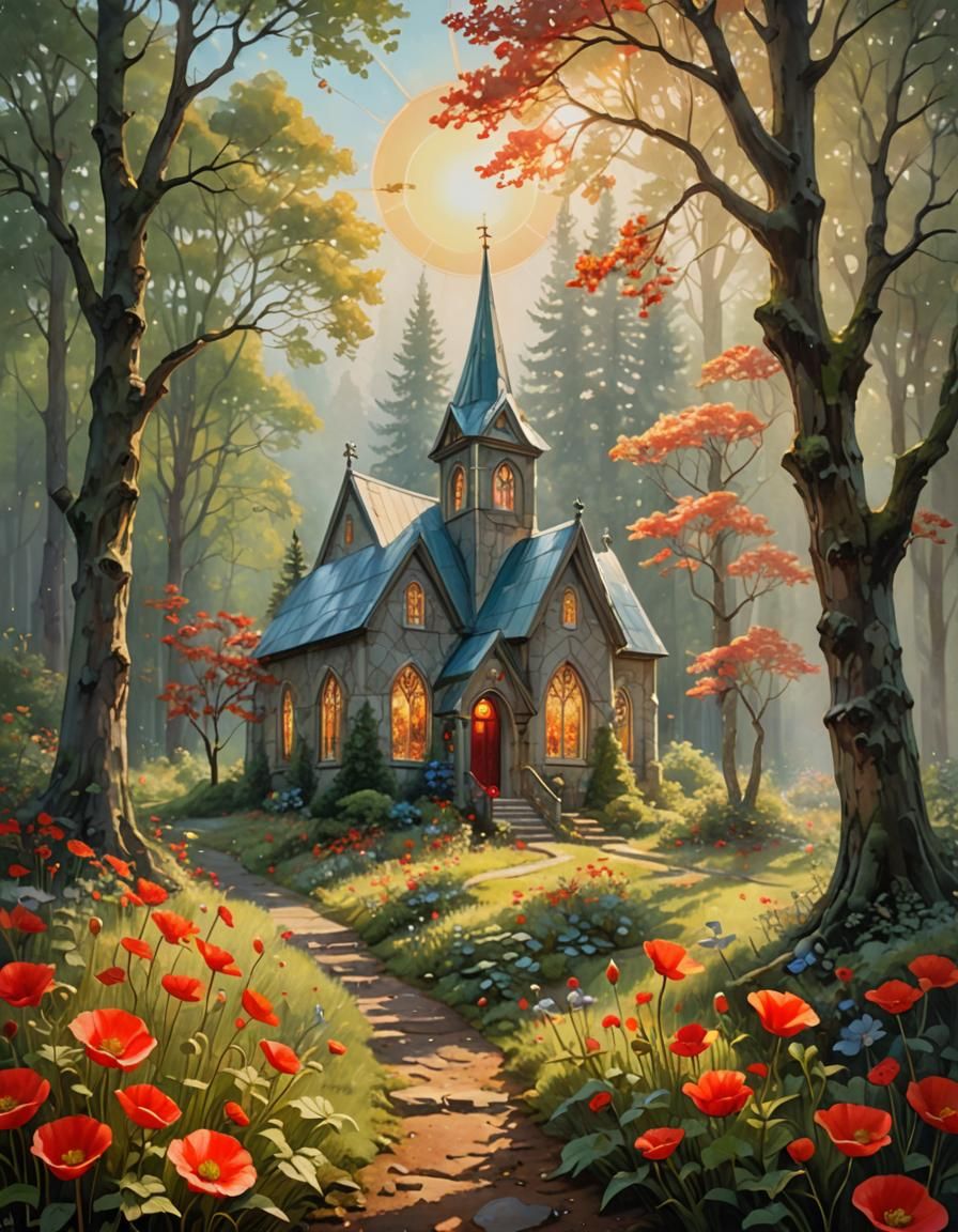 Idyllic Country Church with Poppy, Ethereal Oil Painting